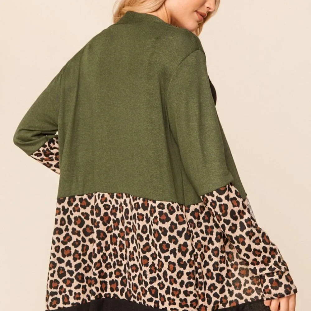 HAPTICS BOHO LEOPARD ANIMAL COLOR BLOCK MEDIUM LONG SLEEVE POCKETS CARDIGAN - Picture 6 of 12